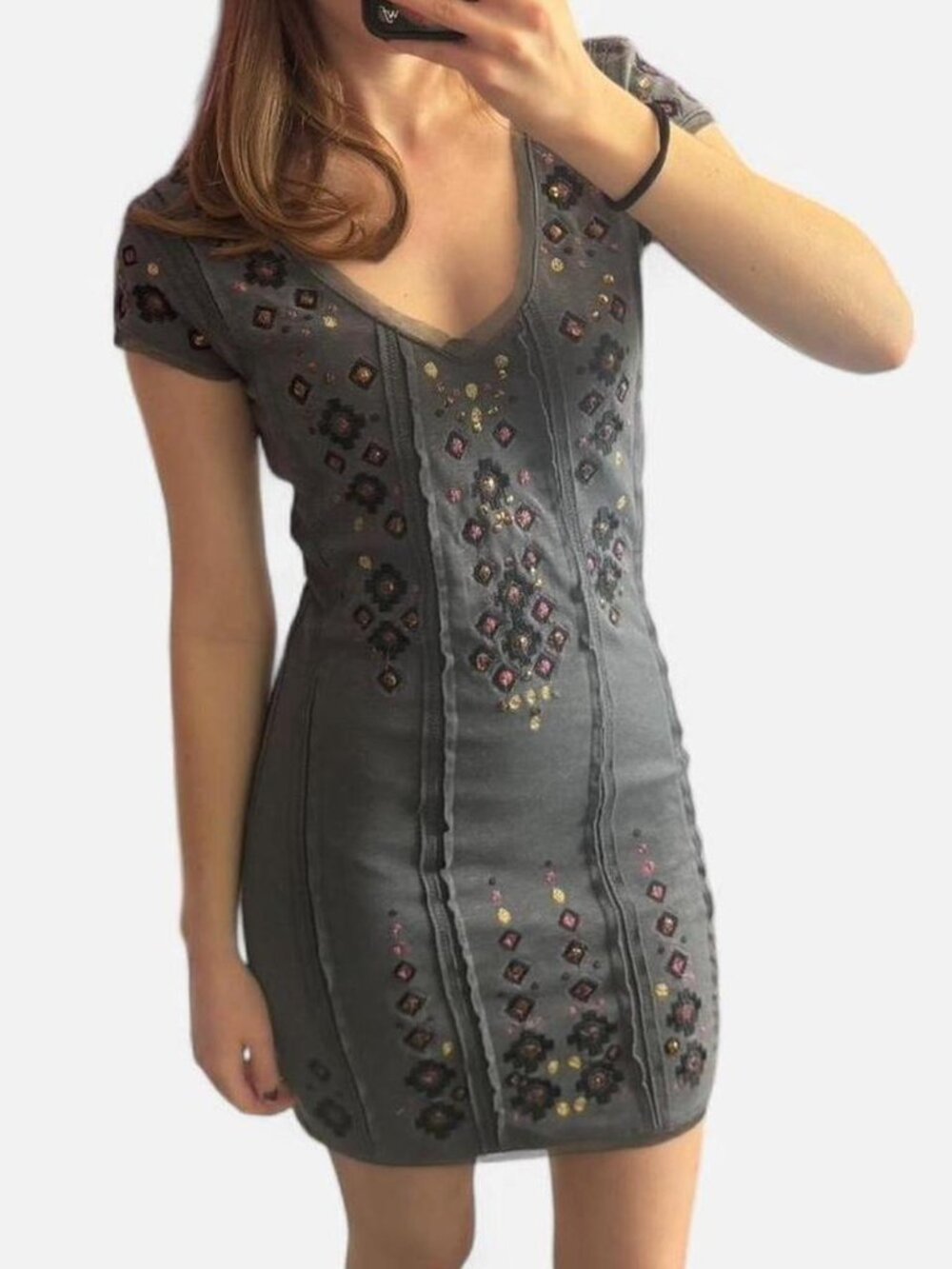 Free People Rich in Embroidery Mini Dress/ Gray, Sequins, Mesh Trim, New, Sz S - Picture 2 of 12
